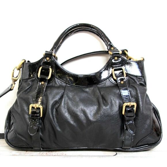 DEBORAH GALLO ITALY BLACK GENUINE LEATHER PATENT SATCHEL SHOULDER BAG HANDBAG - Picture 1 of 9